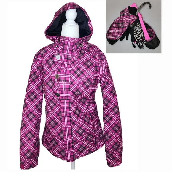 Betty Rides Plaid Ski/Snowboarding Jacket Size S w NWT matching Mittens